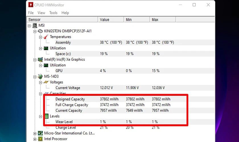 CPUID HWMonitor hiển thị các thông tin liên quan đến pin laptop