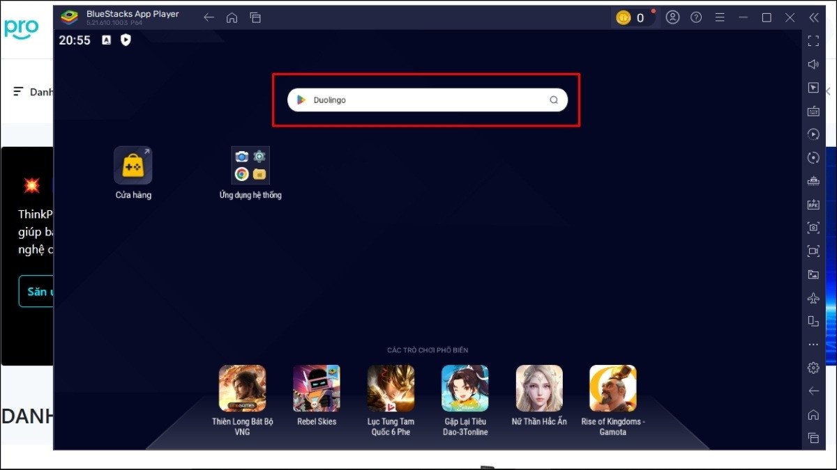 Cửa hàng Google Play trên Bluestacks với thanh tìm kiếm đã nhập từ khóa "Duolingo"