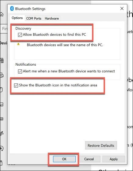 Cửa sổ Bluetooth Settings trên Windows với tùy chọn "Allow Bluetooth devices to find this PC" được đánh dấu, cần thiết cho việc ghép nối thiết bị