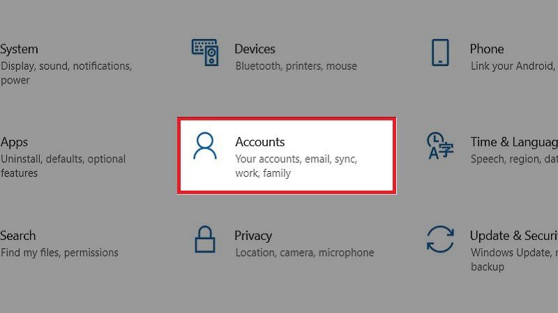 Cửa sổ Cài đặt của Windows 10, hiển thị mục Tài khoản.
