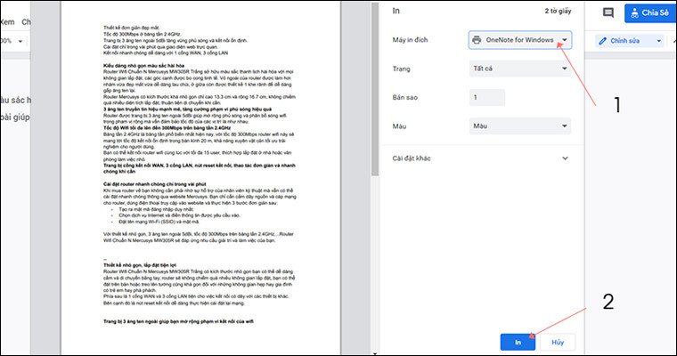 Cửa sổ cài đặt in với tùy chọn máy in Brother đã kết nối