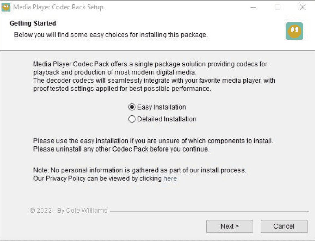 Cửa sổ cài đặt Media Player Codec Pack hiện ra, người dùng nhấn Next để bắt đầu quá trình