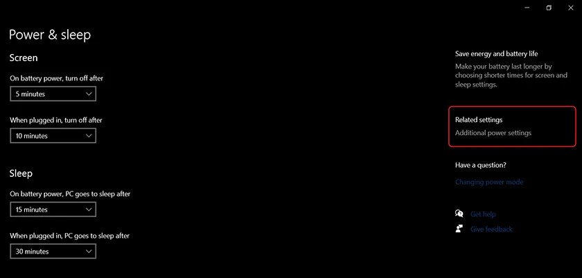 Cửa sổ cài đặt Power &amp; Sleep để cấu hình nút nguồn laptop HP