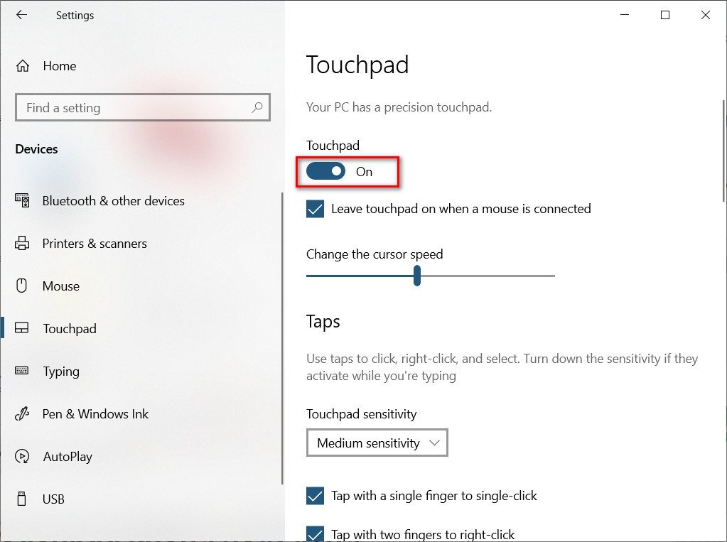 Cửa sổ cài đặt Touchpad trong Windows với tùy chọn bật/tắt để sửa lỗi bàn di chuột không hoạt động