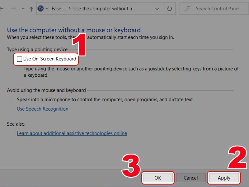 Cửa sổ cài đặt trợ năng với tùy chọn Use On-Screen Keyboard được bỏ chọn, minh họa bước cuối cùng để tắt bàn phím ảo