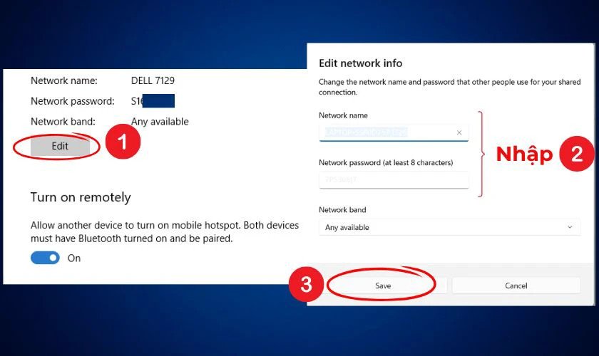Cửa sổ chỉnh sửa tên mạng (SSID) và mật khẩu khi phát Wifi từ laptop Windows 10