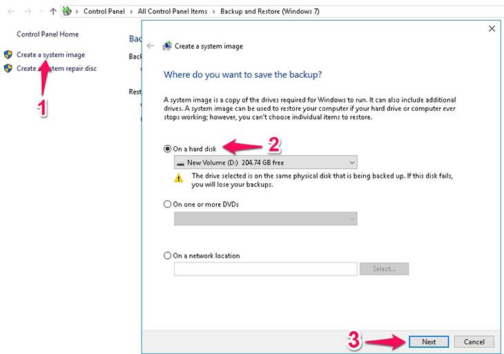 Cửa sổ chọn ổ đĩa lưu trữ file backup hệ thống Windows 7
