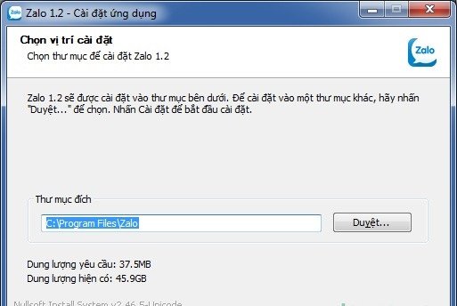 Cửa sổ chọn thư mục cài đặt Zalo trên laptop chạy Windows 10
