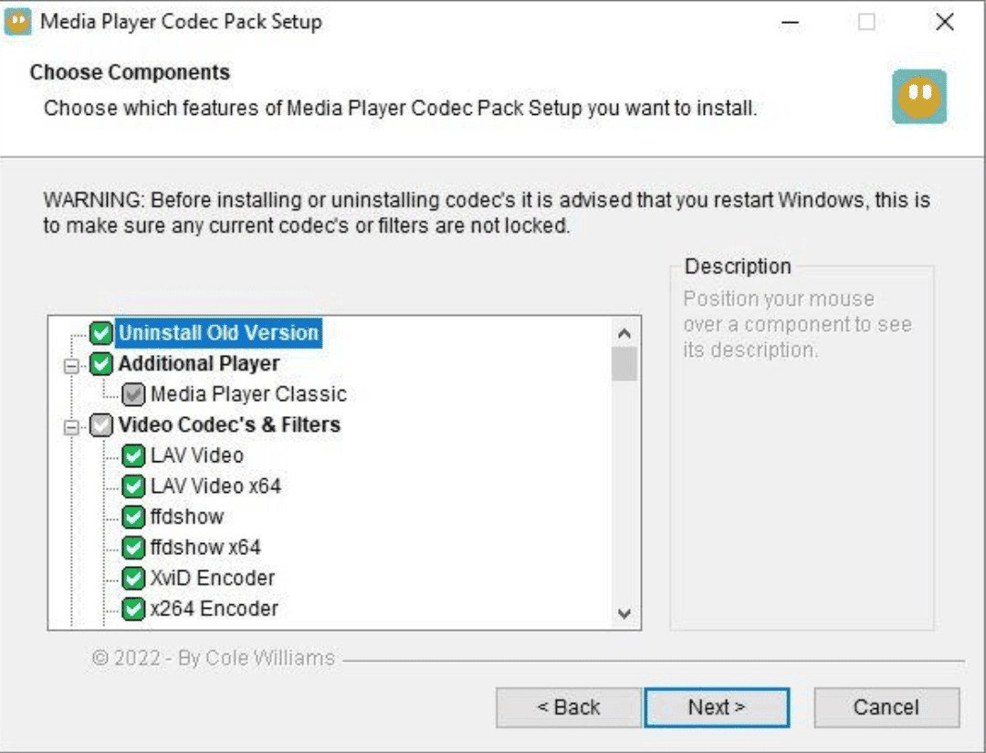 Cửa sổ Choose Components của Media Player Codec Pack, người dùng tiếp tục nhấn Next để tiến hành cài đặt