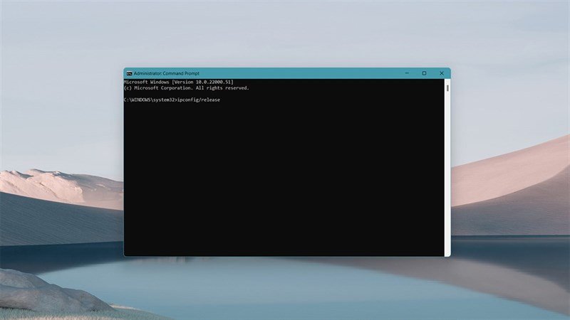 Cửa sổ Command Prompt hiển thị lệnh ipconfig /release