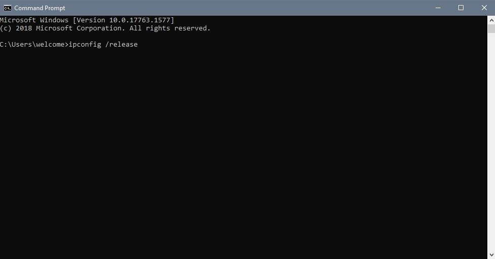 Cửa sổ Command Prompt với lệnh ipconfig /release