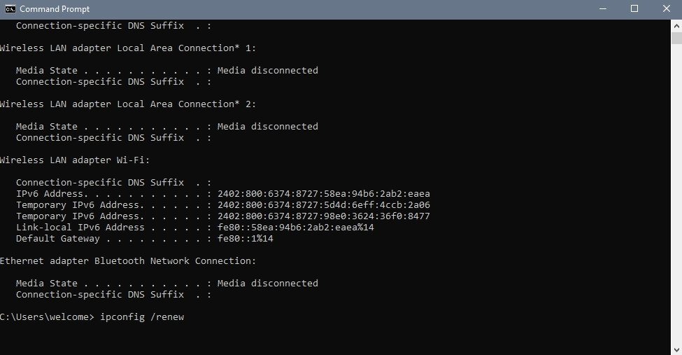 Cửa sổ Command Prompt với lệnh ipconfig /renew