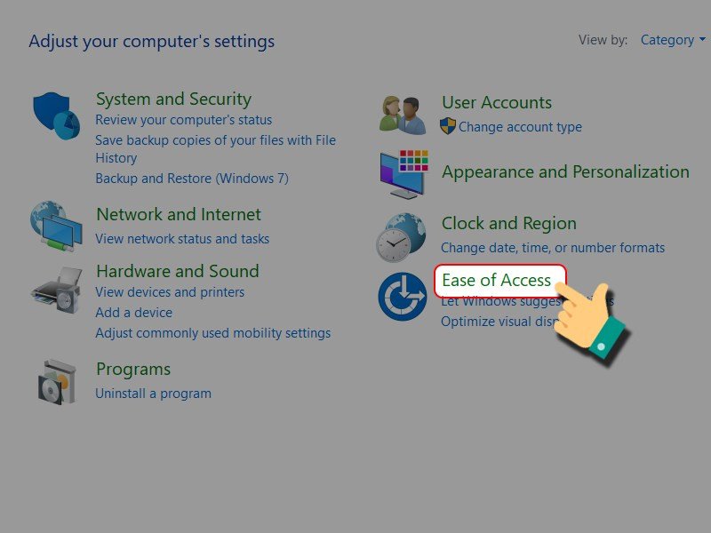 Cửa sổ Control Panel với tùy chọn Ease of Access được đánh dấu, minh họa bước tìm Ease of Access để tắt bàn phím ảo