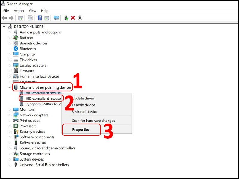 Cửa sổ Device Manager, nơi người dùng nhấp chuột phải vào thiết bị để chọn 'Properties', một bước quan trọng khi khắc phục bàn phím laptop.