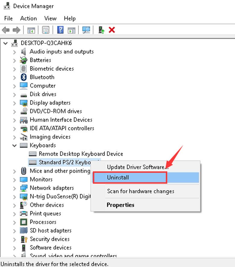 Cửa sổ Device Manager trên Windows hiển thị lỗi driver keyboard cần được cập nhật