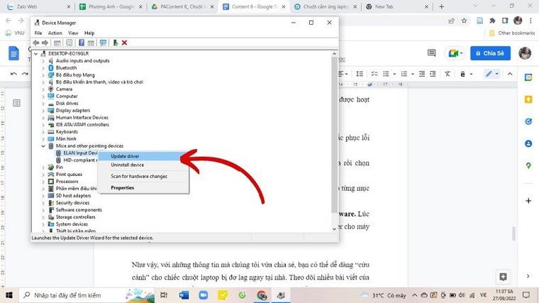 Cửa sổ Device Manager với phần Mice and other pointing devices đang được chọn, sẵn sàng để cập nhật driver khắc phục tình trạng cảm ứng chuột laptop bị đơ