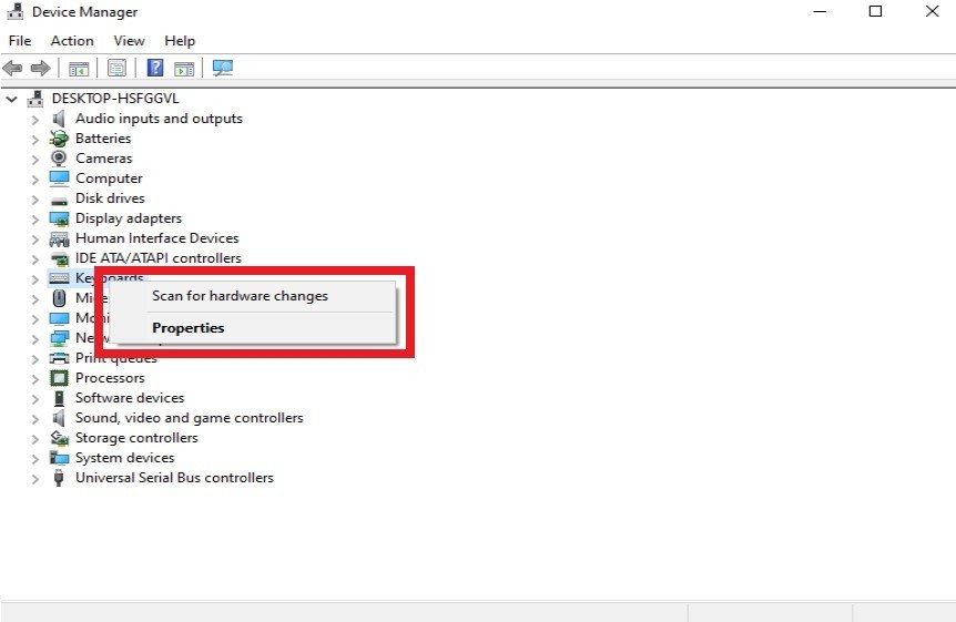 Cửa sổ Device Manager với tùy chọn Scan for Hardware Changes cho Keyboard