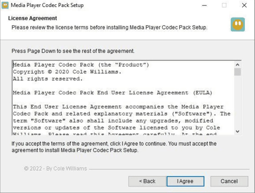 Cửa sổ điều khoản sử dụng Media Player Codec Pack, người dùng cần nhấn "I Agree" để chấp nhận