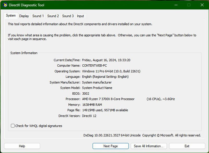 Cửa sổ DirectX Diagnostic Tool (dxdiag) trên tab System, cung cấp thông tin chi tiết về phần cứng và phần mềm máy tính.