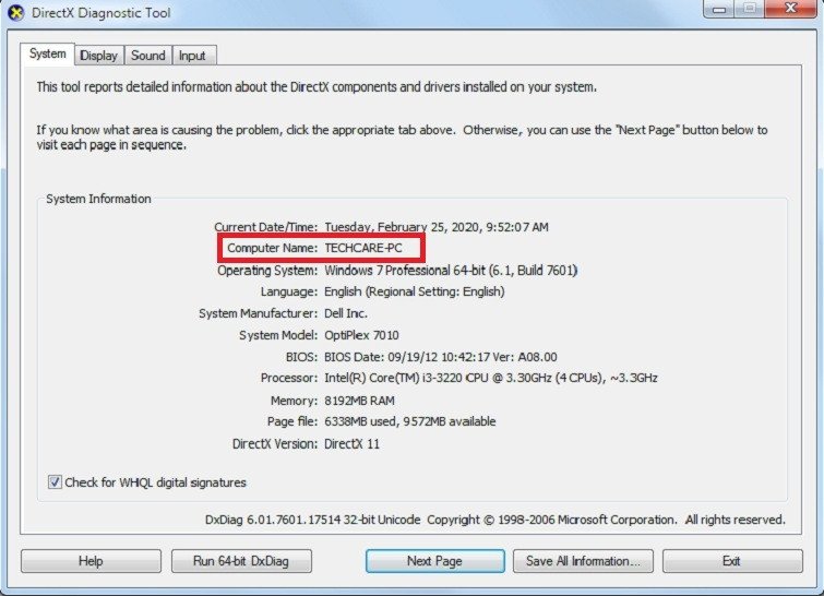 Cửa sổ DirectX Diagnostic Tool hiển thị tên model laptop Dell và các thông số kỹ thuật