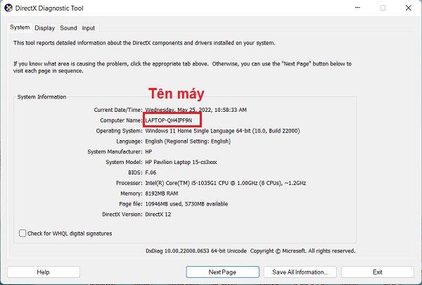 Cửa sổ DirectX Diagnostic Tool hiển thị thông tin hệ thống