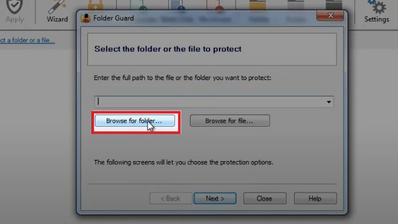 Cửa sổ duyệt tìm và chọn thư mục cần bảo vệ bằng Folder Guard.