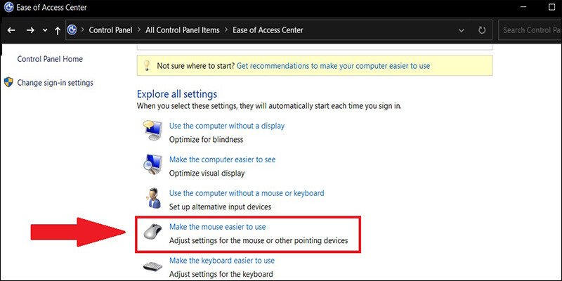Cửa sổ Ease of Access Center, nhấn chọn "Make the keyboard easier to use" để cấu hình lại bàn phím.