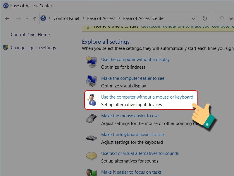 Cửa sổ Ease of Access Center với tùy chọn Use the computer without a mouse or keyboard, minh họa cách truy cập cài đặt tắt bàn phím ảo