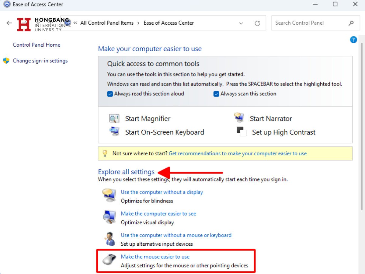 Cửa sổ Make the mouse easier to use trong cài đặt Windows