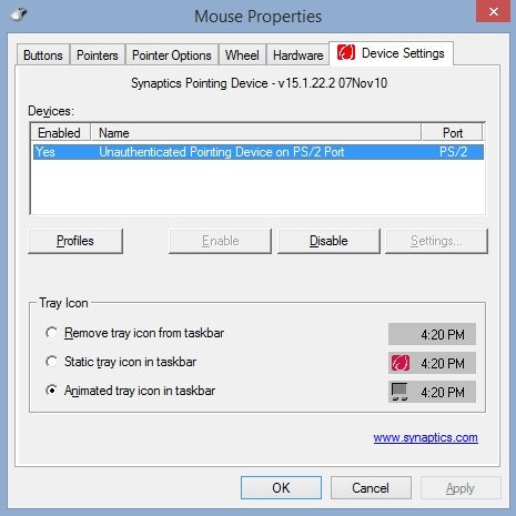 Cửa sổ Mouse Properties với thẻ Device Settings, cho phép kích hoạt lại thiết bị khi chuột cảm ứng laptop không dùng được