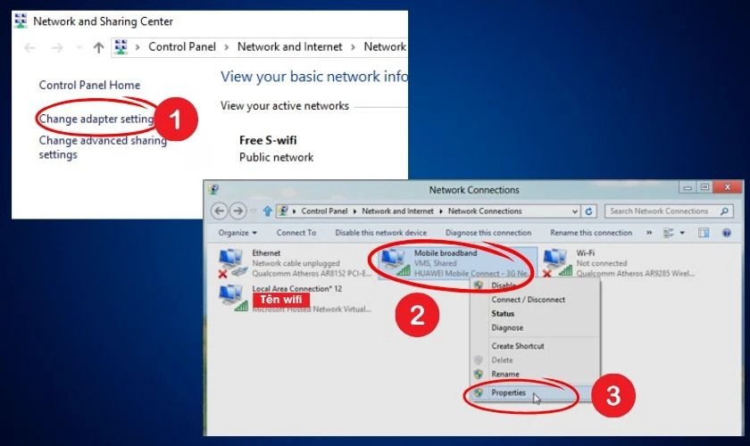 Cửa sổ Network and Sharing Center, chọn Change adapter settings