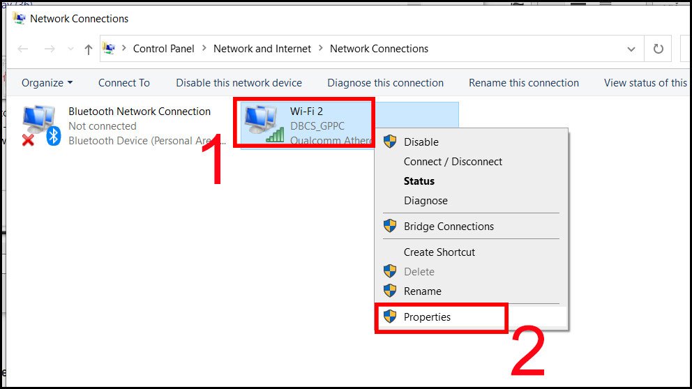 Cửa sổ Network Connections hiển thị các kết nối mạng trên laptop