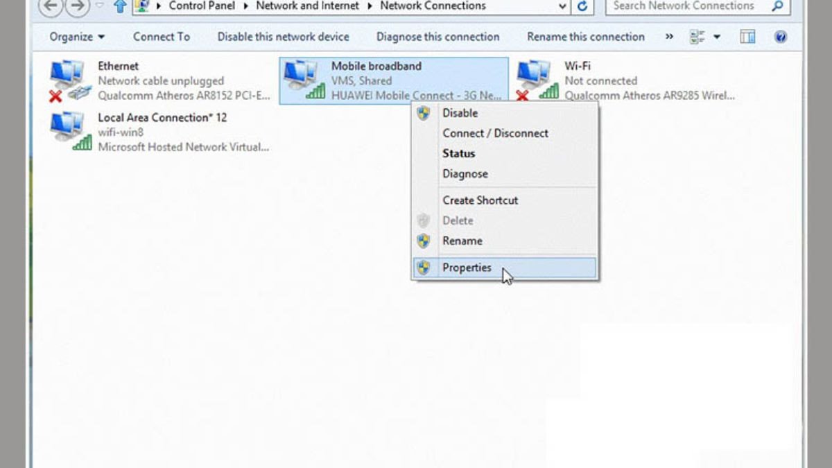 Cửa sổ Network Connections và tab Sharing để chia sẻ mạng