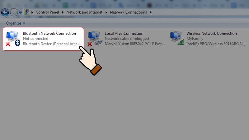 Cửa sổ Network Connections với Bluetooth Network Connection được chọn