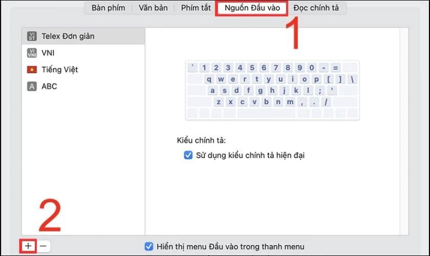 Cửa sổ 'Nguồn Đầu vào' trên macOS, hiển thị nút '+' để thêm ngôn ngữ nhập liệu tiếng Hàn.
