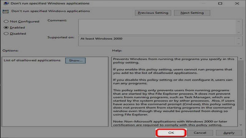 Cửa sổ nhập tên các file .exe của ứng dụng cần khóa thông qua Group Policy.