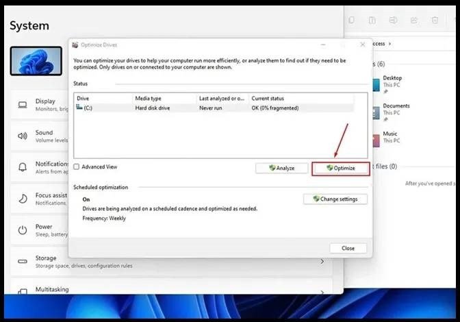 Cửa sổ Optimize Drives để chống phân mảnh ổ cứng trên Windows 11