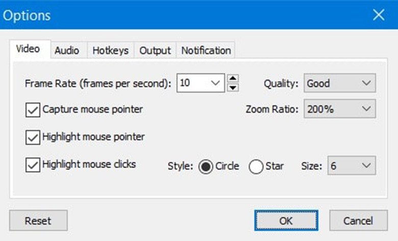 Cửa sổ Options của FastStone Capture, cho phép tinh chỉnh chất lượng và phím tắt ghi màn hình laptop