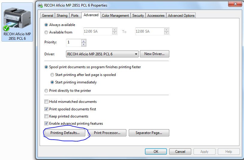 Cửa sổ Printing Defaults để điều chỉnh cài đặt khổ giấy A4