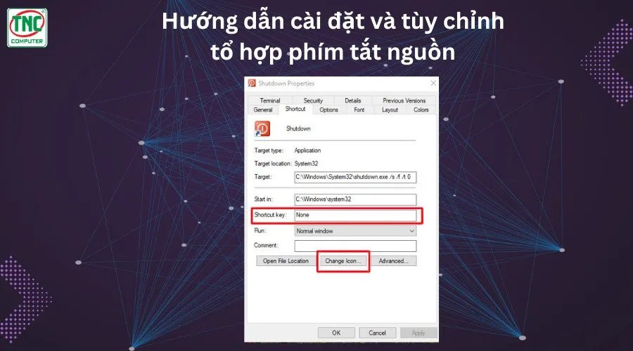 Cửa sổ Properties của shortcut Shutdown, cho phép gán tổ hợp phím tắt nguồn laptop tùy chỉnh.