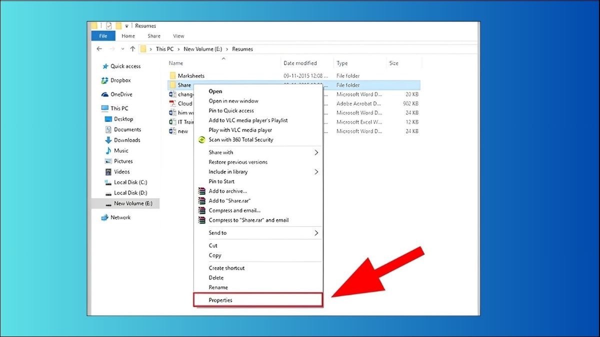 Cửa sổ Properties của thư mục để thiết lập quyền chia sẻ file