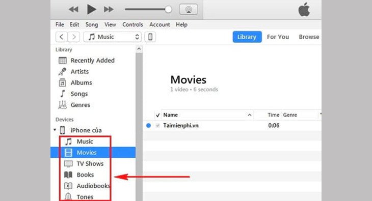 Cửa sổ quản lý nội dung trong iTunes hoặc Finder, nơi người dùng có thể đồng bộ Music, Movie, TV Shows giữa iPhone và laptop.