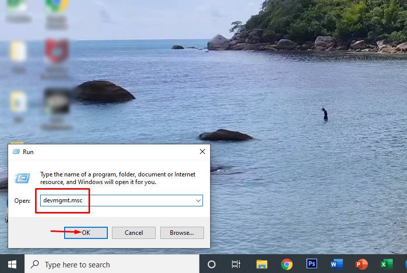 Cửa sổ Run với lệnh devmgmt.msc để mở Device Manager