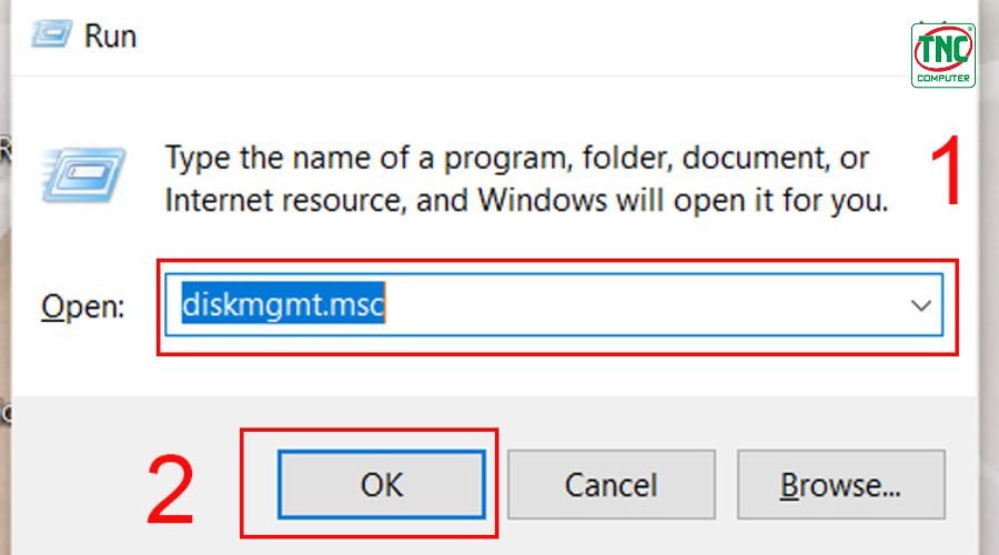 Cửa sổ Run với lệnh diskmgmt.msc để khắc phục laptop không có ổ đĩa D