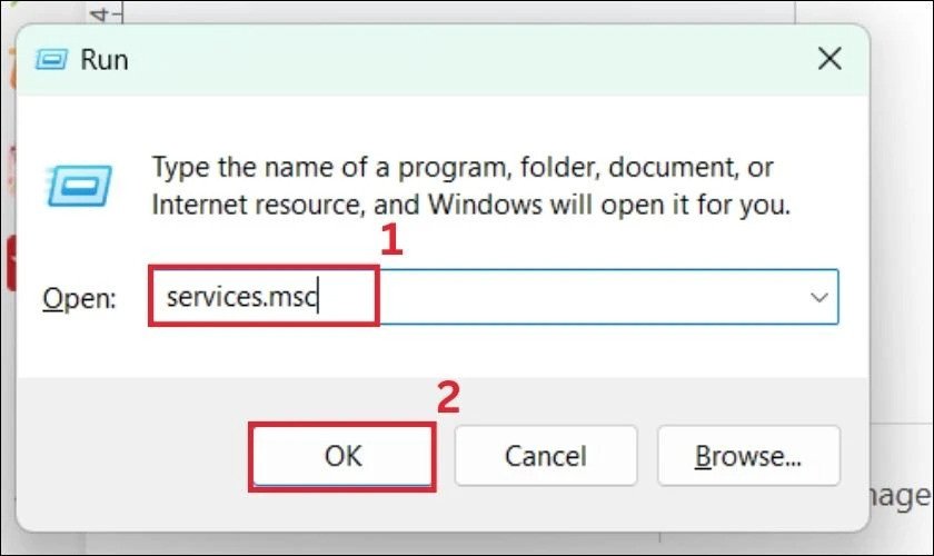 Cửa sổ Run với lệnh "services.msc" để truy cập các dịch vụ hệ thống, bao gồm dịch vụ touchpad trên Win 11.