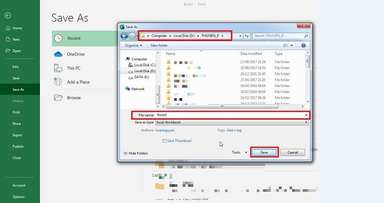 Cửa sổ Save As giúp người dùng lưu file Excel với tên và vị trí mới