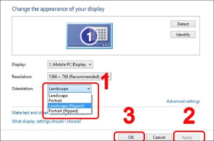 Cửa sổ Screen Resolution trên Windows 8.1 hiển thị các tùy chọn Orientation như Landscape để khôi phục hướng màn hình