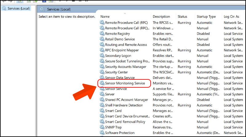 Cửa sổ Sensor Monitoring Service trong Windows