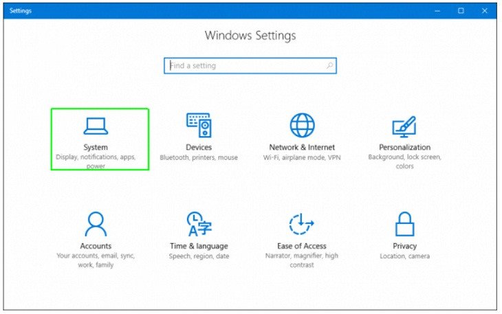 Cửa sổ Settings của Windows, chọn mục System để điều chỉnh các cài đặt hệ thống