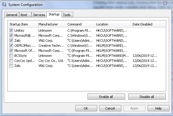 Cửa sổ Startup trong Task Manager, hiển thị các ứng dụng khởi động cùng Windows, giúp người dùng tắt bớt để cải thiện tốc độ khởi động của laptop.
